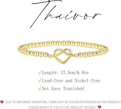 Beaded Bracelets for Women 14K Silver Gold Plated Stretch Handmade Ball Bracelets Cute Charm Bracelet Dainty Stackable Cross Heart Bow Wave CZ Circle Trendy Jewelry Easter Gifts - color: Gold-5