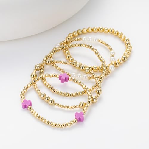 Gold Beaded Pearl Cross Bracelets Stackable Christian Stretch Jewelry Set - color: Purple