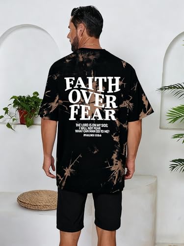 Christian Faith Over Fear Shirt for Men Jesus Religious Shirts Oversized T-Shirt - color: Brown Tie-dye, size: Large