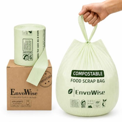 Compostable Food Scrap Bags, 2.6 Gal /10L, Handle-Tie, 100 Count