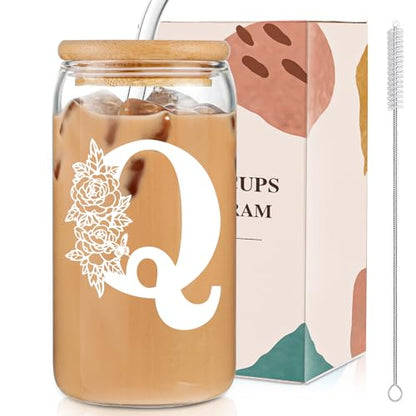 Christmas Gifts for Women: Initial Glass Cup as Office Graduation Memorial Holiday Personalized Gifts - for Mom Grandma Wife Girlfriend Sister Daughter Friend Christmas Gifts - Q Aesthetic Cup - color: Q