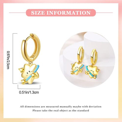 925 Sterling Silver Cute Animal Unique Huggie Hoop Earrings for Women - color: Gold Smiley Star