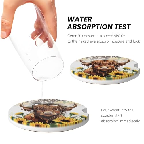 Highland Cow Car Cup Holder Coasters 2 Pack 2.63" for Women - color: Yellow