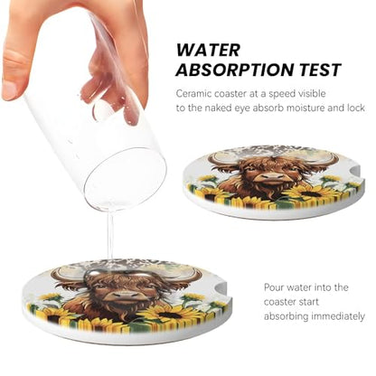Highland Cow Car Cup Holder Coasters 2 Pack 2.63" for Women - color: Yellow