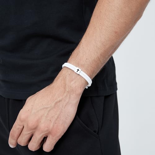 Silicone Christian Cross Braided Rope Bracelets for Men Women - color: White with Silver Cross square
