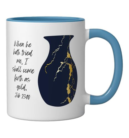 Bible Verse Jesus Christ Kintsugi Vase Gold Job Christian Ceramic Mug, Blue/White, 11oz - color: Blue/White, size: 11 Ounces