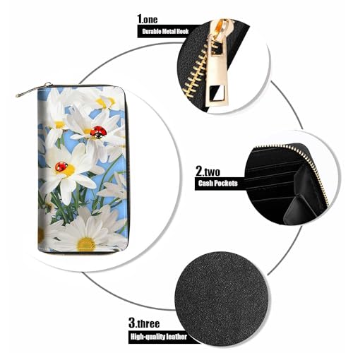 Daisy Flowers and Ladybug Print Wallet for Women Large Capacity Wallet Credit Card Holder PU Leather Zipper Clutch Purse Phone Wallet - color: Daisy Flowers and Ladybug