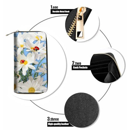 Daisy Flowers and Ladybug Print Wallet for Women Large Capacity Wallet Credit Card Holder PU Leather Zipper Clutch Purse Phone Wallet - color: Daisy Flowers and Ladybug