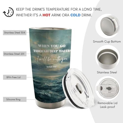 Christian Ocean Beach 20oz Travel Coffee Mug Tumbler, Christian Gifts, When You Go Through Deep Waters I Will Be with You Bible Verse Stainless Steel Tumbler with Lid and Straw - color: Deepwater A