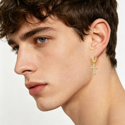 NEWITIN CZ Cross Earrings for Men Women 14K Gold Plated Huggie Hoop Earring - color: Gold A