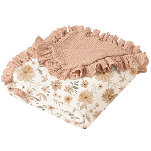 Konssy 100% Cotton Muslin Baby Blanket with Ruffle Trim for Girls, 43"x39" - color: Flourish