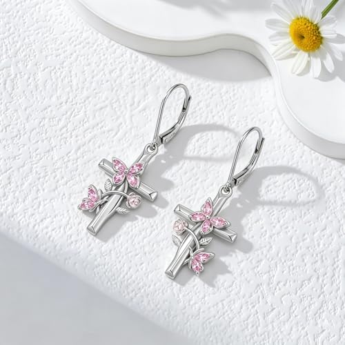 Butterfly Earrings for Women 925 Sterling Silver Birthstone Butterfly Cross Rose Dangle Earrings Elegant Butterfly's Jewelry Gift for Birthday Valentines Day Christmas - color: 10-October
