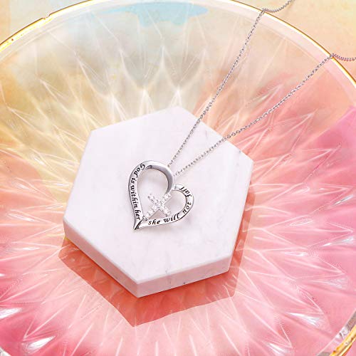 S925 Sterling Silver Christian Cross Heart Faith Bible Verse Necklace Rings - style: God is within her she will not fall