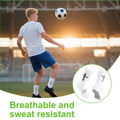 Christian Soccer Socks,Cross Grip Anti Slip Religious Football Socks with Rubber Dots for Youth and Men - color: White