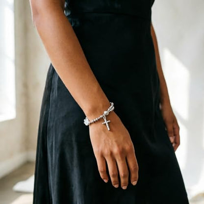 Cross Rosary Bracelet for Women Handcrafted Crystal Virgin Mary Cross Beaded Bracelets Christian Faith Link Bracelets Crucifix Religious Christian Faith Jewelry - color: Silver