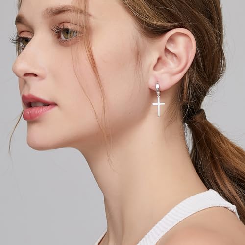 Jianhanzb S925 Sterling Silver Cross Earrings for Women Men - color: A: Silver