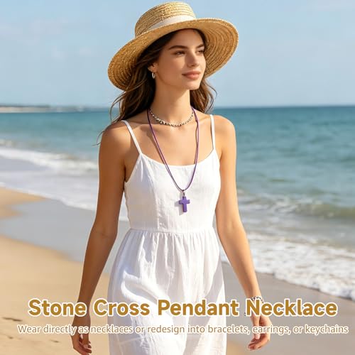 100 PCS Stone Cross Pendant Necklaces, Adjustable Cord, Natural Gemstone Charms with Polished Finish, DIY Jewelry Making Cross Charms for Bracelets Earrings Presents - color: 100pcs Multicolor