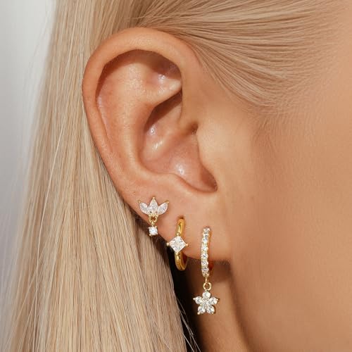 Angelady Gold Hoop Earrings Set for Women, Dainty 14K Gold Plated Flower Moon Cross Dangle Earrings, Hypoallergenic Huggie Hoop Earring Stacks, Stud Earrings for Women Trendy Jewelry Gift - color: Gold3