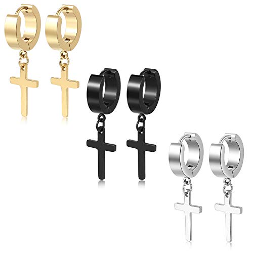 Men Women Stainless Steel Cross Earrings Set Dangle Hinged Earrings of Dangle Hinged Earrings Cross hoop Earrings - color: 3 Pairs Cross Earrings (Black+Silver+Gold) Small