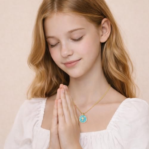 Gold Enamel Mini Cross Necklace Tiny Mother of Pearl Cross Necklace Religious Christian Gift for Baptism First Communion Christmas - color: bless this girl cross necklace-blue