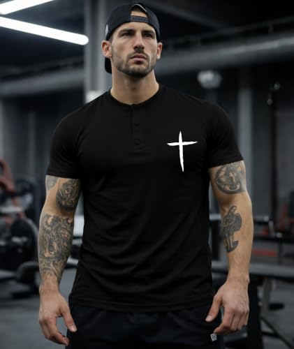 KESIHAN Christian Henley T Shirts for Men Cross Graphic Faith Casual Tee - color: Black-6, size: XX-Large