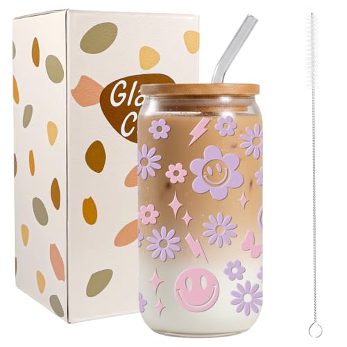 JEKUGOT Cute Smile Glass Cup, Aesthetic Iced Coffee Cup, 16oz Flower Glass Cups with Lids and Straws, Smiley Face Tumbler Gifts for Women and Girls, Birthdays Party Supplies, Incentives