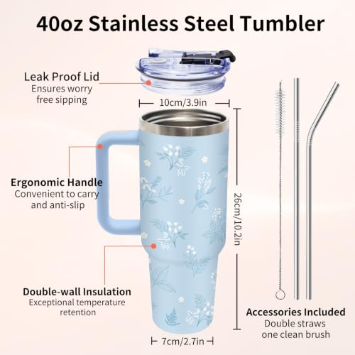 40 oz Blue Flower Tumbler with Handle and Straw, Floral Gifts for Women - color: Floral3