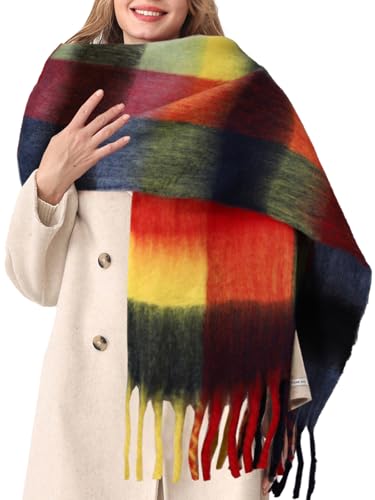 HOTIAN Women's Large Scarf Colorful Chunky Plaid Scarves Soft Winter Thick Tassel Warm Wrap Shawl - color: Deep Blue Red
