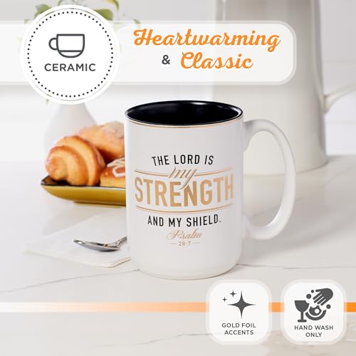 Christian Art Gifts Large Ceramic Scripture Coffee Mug for Men, 14 oz. - color: White/Strength & Shield