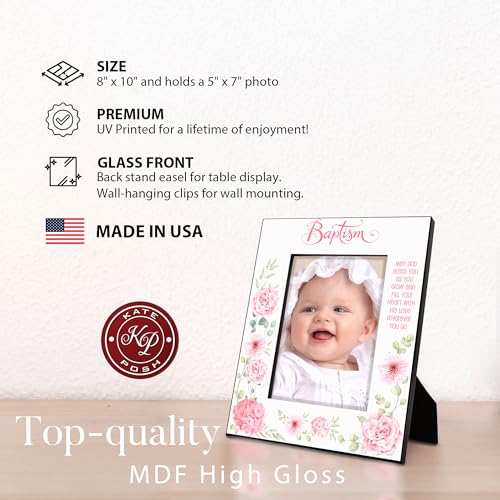 KATE POSH Baptism Picture Frame for Girl, Pink Flowers Decor, Christening, Religisous Gift, From Godparents, New Baby (5x7-Vertical) - size: 5x7-Vertical