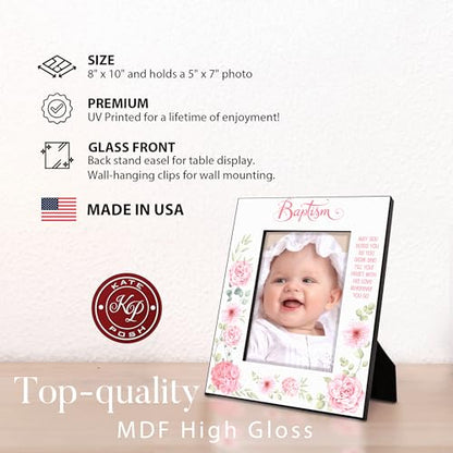 KATE POSH Baptism Picture Frame for Girl, Pink Flowers Decor, Christening, Religisous Gift, From Godparents, New Baby (5x7-Vertical) - size: 5x7-Vertical