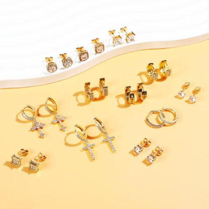 NEWITIN 12 Pairs Silver Earrings for Men Women Halo Stud Earring Set - color: Gold A