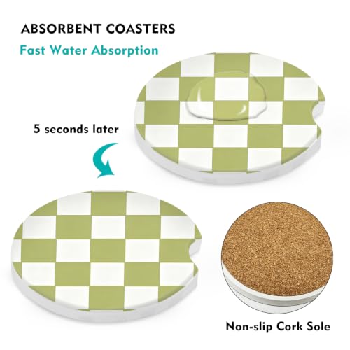 Car Coasters 2 Pack, Small 2.56" Stone Car Interior Cupholder Absorbent Coaster with Cork Back for Women Men Coffee Drink Cup Coasters (Green-White Checkered) - color: Green-white Checkered