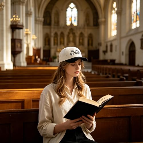 Embroidered Christian Two-Tone Baseball Cap for Men & Women, Adjustable Dad Hat Christmas Easter Gift - color: In God We Trust, Black/Beige
