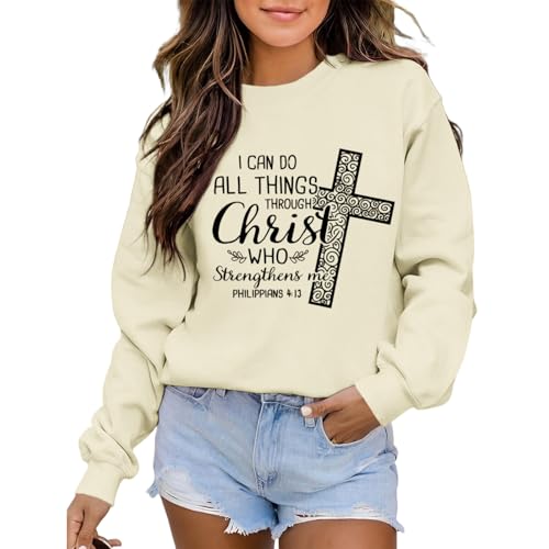 KEEVICI Christian Jesus Sweatshirts For Women Religious Bible Verse Cross Sweatshirt God Hoodie Faith Long Sleeve Shirts - color: Apricot, size: Medium