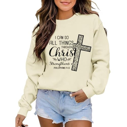 KEEVICI Christian Jesus Sweatshirts For Women Religious Bible Verse Cross Sweatshirt God Hoodie Faith Long Sleeve Shirts - color: Apricot, size: X-Large