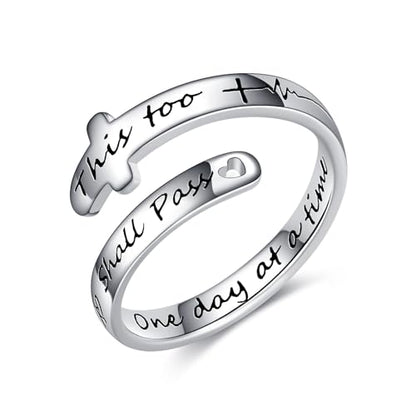POPLYKE Cross Rings Sterling Silver Faith Adjustable Wrap Rings for Women Inspirational Jewelry Gifts - color: one day at a time