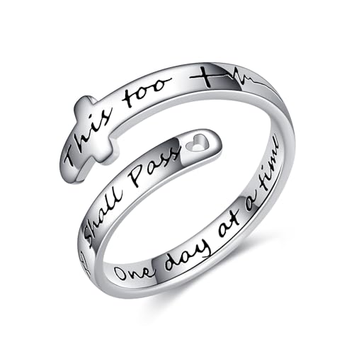 POPLYKE Cross Rings Sterling Silver Faith Adjustable Wrap Rings for Women Inspirational Jewelry Gifts - color: one day at a time