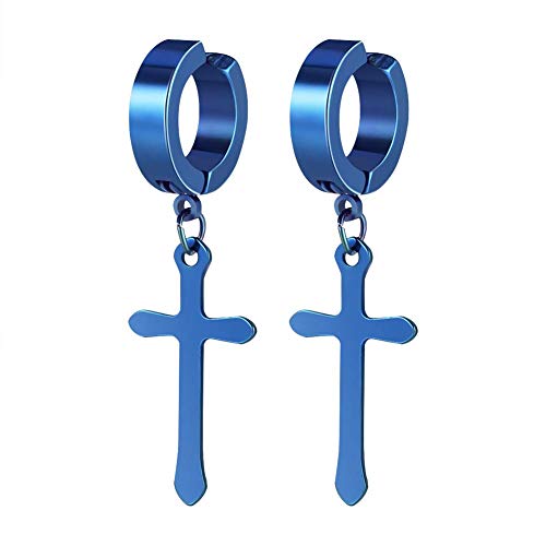 Non-pierced Earrings Set for Men Women Cross Titanium Steel Hoop Dangle Clip On Earring - style: blue