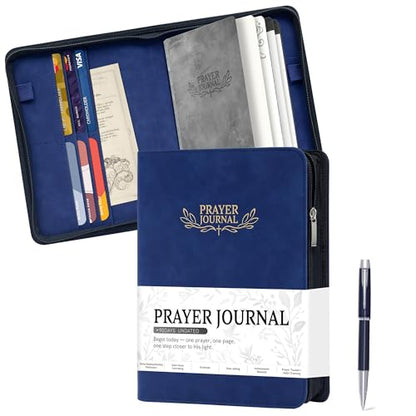 Ospelelf Prayer Journal Tracker Leather Christian Bible Zippered Notebook Daily Devotional Scripture Study Planner Gifts for Jesus Faith Believers Women Men Undated 3 Months Dark Bue - color: dark blue