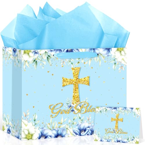 Blue God Bless Gift Bag with Gold Cross, Religious Gift Bag Set with Light Blue Tissue Paper & Greeting Card - Elegant First Holy Communion, Baptism, Christening, Confirmation Present Bag - 11.8 x 9.4 x 5.3 Inches (Blue) - color: Blue