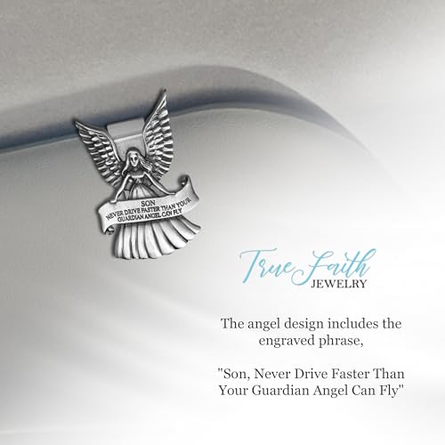 True Faith Jewelry Never Drive Faster Than Your Guardian Angel Can Fly Son Visor Clip, Great New Driver Gifts from Mom and Dad, Fine Pewter (92% Tin) - size: Son 3