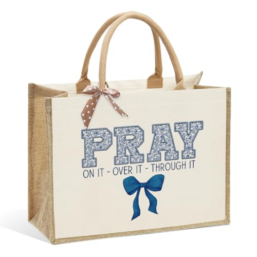 KongMoTree Christian Tote Bags, Coquette Bow Bag with Floral Christians Gifts for Mom, Wife, Sisters, Best Friends - color: Pray on It Over It Through It Blue