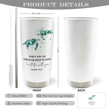 Christian Sea Turtle 20oz Travel Coffee Mug Tumbler, Christian Gifts for Women, When You Go Through Deep Waters Bible Verse Religious Stainless Steel Tumbler with Lid and Straw - color: Deepwater
