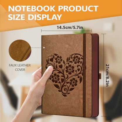 A5 Heart Shaped Flower Vine Leather Journal, 300 Pages Lined Notebook, Brown Vintage Pattern Hardcover Notebook for Travel Diary, Business, Work and School Daily Writing - style: Flower Vine