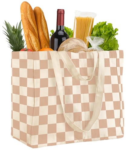 Miss Adola Extra Large Canvas Grocery Tote Bag - color: Beige Plaid