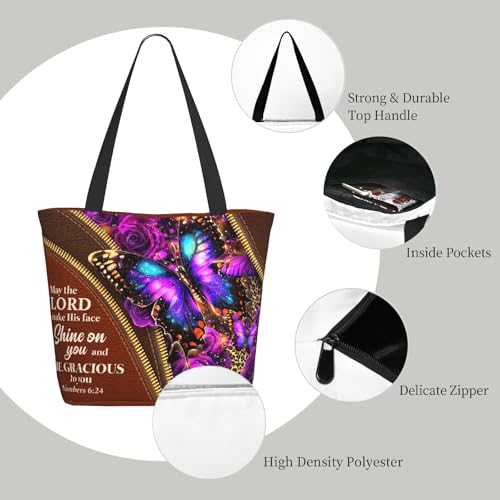 Bible Tote Bags for Women Christian Tote Bag Church Shoulder Bag Inspirational Bags With Zipper Christian Gift - color: The Lord Make His Face Shine