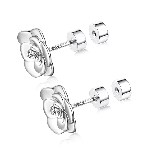 CEROUNO Flat Back Stud Earrings - 925 Sterling Silver Post Flatback Earrings Gold Silver Cubic Zirconia Earrings Studs for Women - color: Silver Flower