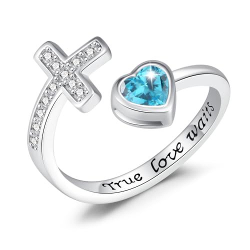 S925 Sterling Silver Birthstone Purity Ring For Women Cross Ring For Women Adjustable Ring - color: 03-March