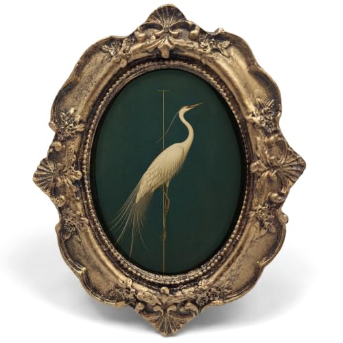 Vintage Bird Crane Small Bronze Oval Picture Frame, Heron Dark Green Lake Mini Ornate Photo Frame Baroque for Wall Art Decor TableTop Shelf, Rustic Framed Artwork Gifts for Bedroom 4x5in - color: crane